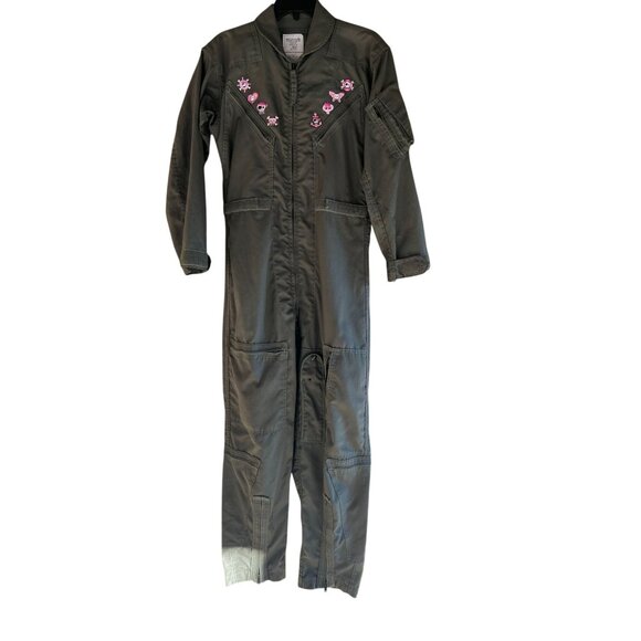 Glen Berry MFG Pants - USAF Flight Suit Coveralls Mens 36S Green Summer Pink Skull Patch Silver Stars